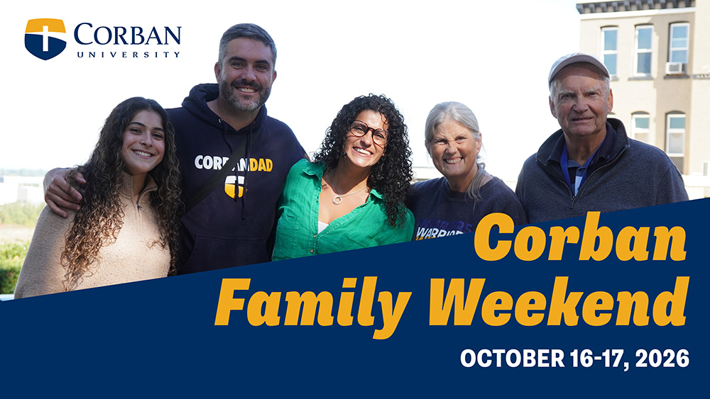 Corban Family Weekend graphic with photo of Corban family